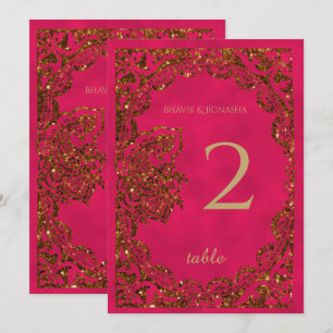 Convite Pavão Indiano Rosa e Dourado Número da Mesa