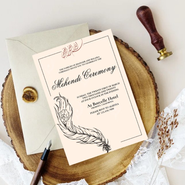 Convite pavão-pavão árabe ilustrado (Illsutrated handrawn peacock border mehndi invitation)