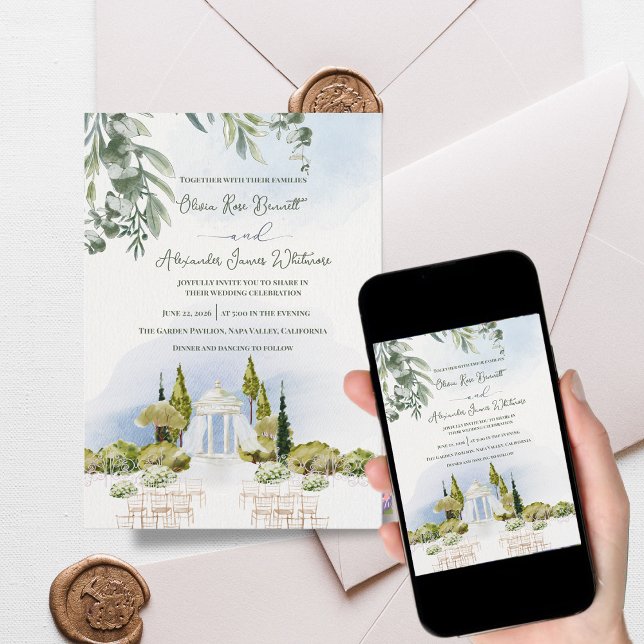 Convite Pavilhão de Jardim da Propriedade Cerimônia de Cas (Estate Garden Pavilion Wedding Invitation | Watercolor Outdoor Ceremony Venue Invite)