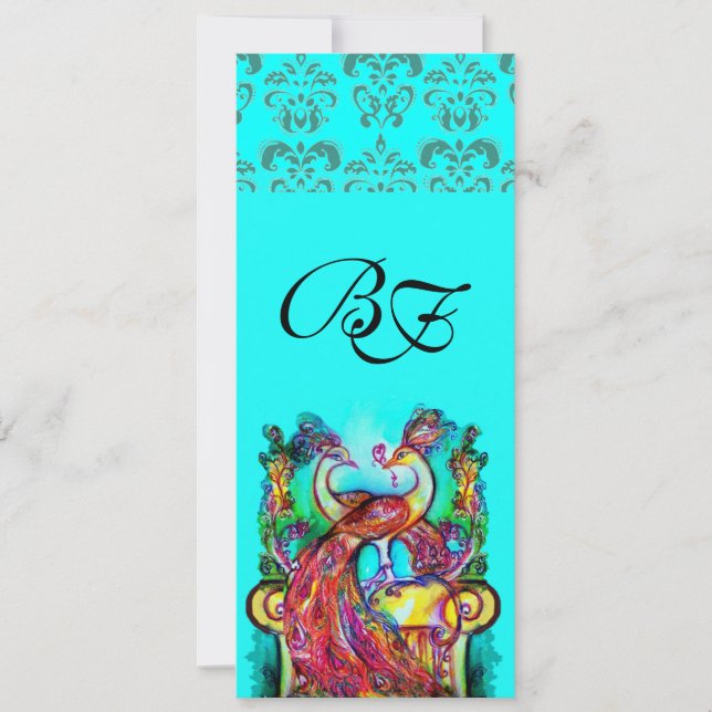 CONVITE PAVÕES APAIXONADOS AQUA AZUL TEAL DAMASCO MONOGRAM (Frente)