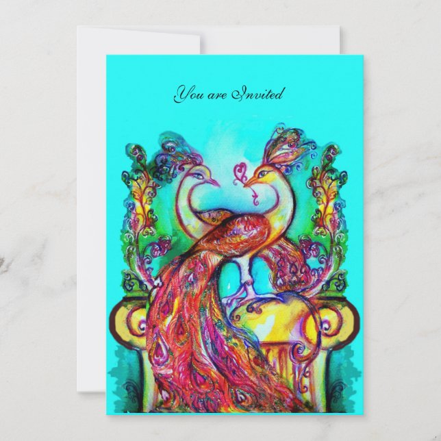 Convite PAVÕES APAIXONADOS Casamento Azul Teal Verde Água  (Frente)