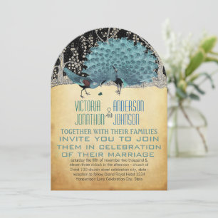 Convite Pavões dourados e pretos na floresta