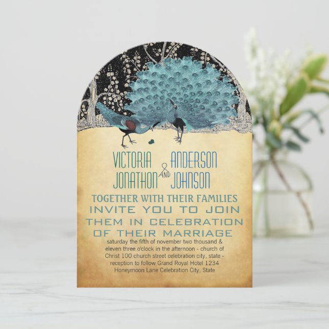Convite Pavões dourados e pretos na floresta (Em pé/Frente)