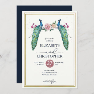 Convite Pavões Românticos Elegantes no Casamento do Amor