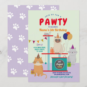 Convite Pawthday Cat Kitten Paw Roxo Divertido