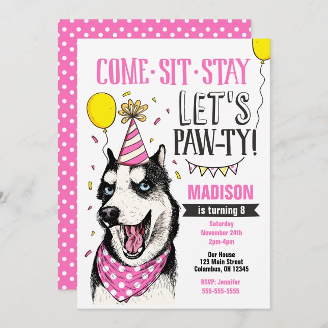 Convite Pawthday Invitation Dog Puppy Rouco Girl (Frente/Verso)