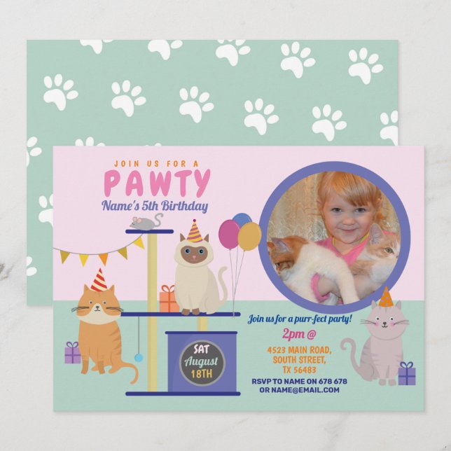 Convite Pawty Birthday Cat Kitten Paw Girls Foto divertida (Frente/Verso)