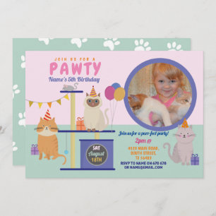 Convite Pawty Birthday Cat Kitten Paw Girls Foto divertida