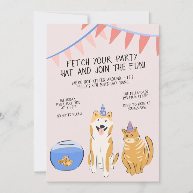 Convite Pawty Time Kids Birthday Invitation | House Pets (Frente)