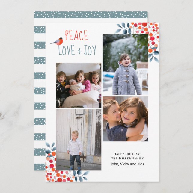 Convite Paz, amor, alegria, Natal quatro cartas de colagem (Frente/Verso)