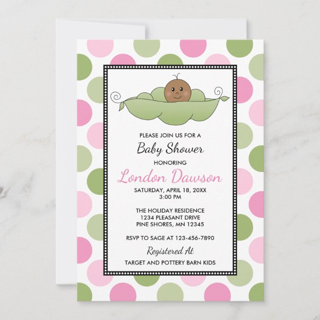 Convite Pea Pod Girl Baby Shower Invitations │ Pele Escura (Frente)