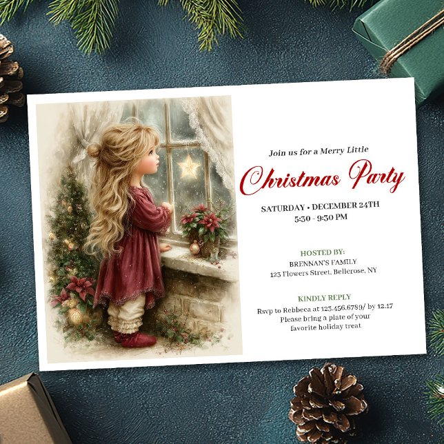 Convite Peace Little Girl Awaits Santa Printable Invites (Peace Little Girl Awaits Santa Printable Invitation)