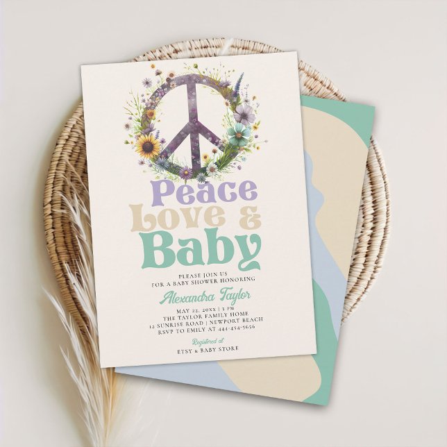 Convite Peace Love Baby Wildflower Chá de fraldas neutro (peace love baby groovy hippie retro vintage gender neutral shower invitation blue green lilac beige)
