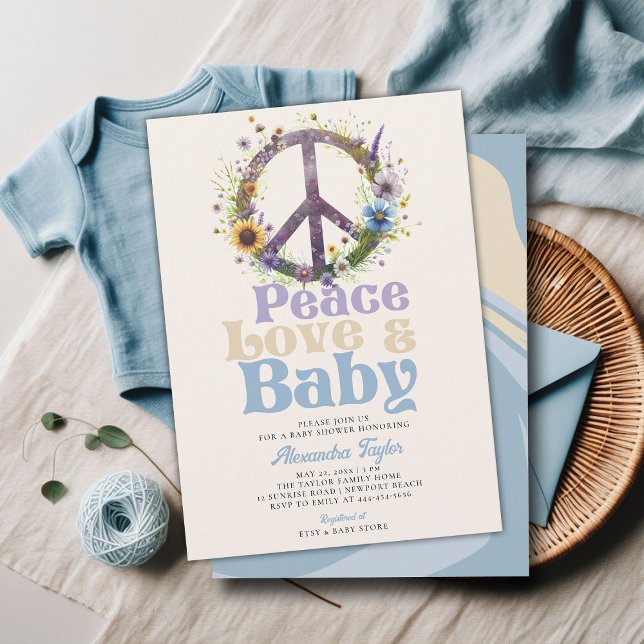 Convite Peace Love Baby Willows Retro Baby Boy Chá (peace love baby groovy hippie retro vintage boy shower invitation blue brown)