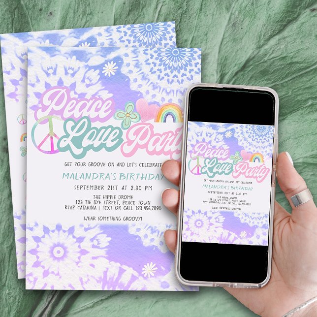 Convite Peace Love Party Groovy Pastel Tie Dye Birthday (Peace Love Party invitation with groovy tie dye mandalas and flower power icons)