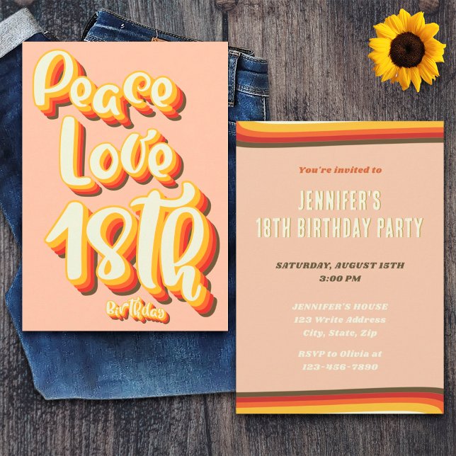 Convite Peace Love Peach Retro Groovy Sunset 18º Aniversár (Front and Back)