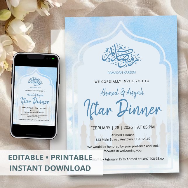 Convite Peaceful Blue Watercolor Mosque Arch Iftar (Criador carregado)