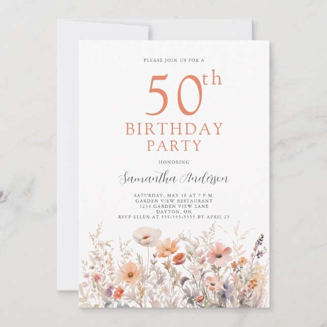 Convite Peach 50th Birthday Floral (Frente)