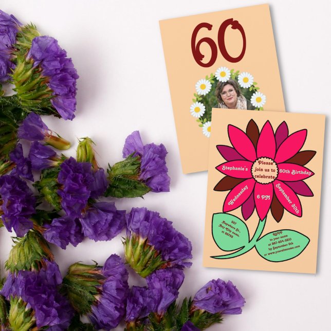 Convite Peach 60º Aniversário Flor Vermelho Simples (Criador carregado)