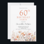 Convite Peach 60th Birthday Floral<br><div class="desc">Bonito convite floral de 60 anos. Design de flor silvestre de aquarelas. Fácil de mudar o texto.</div>