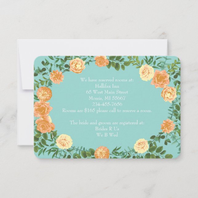 Convite Peach & Aqua Peony & Rosa Floral Information Card (Frente)