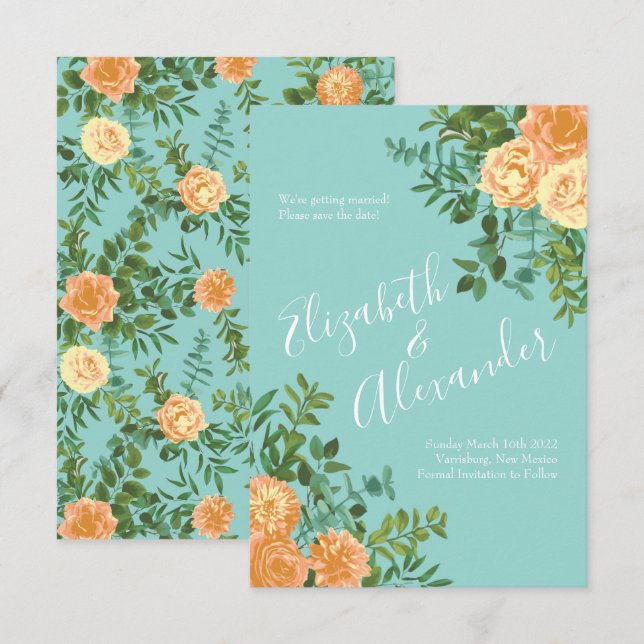 Convite Peach Aqua Teal Wedding Rosa Floral (Frente/Verso)