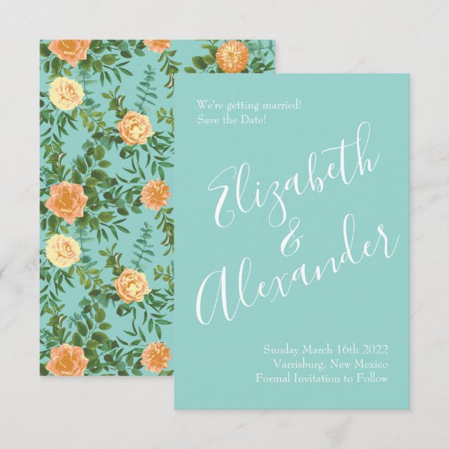 Convite Peach Aqua Teal Wedding Rosa Floral (Frente/Verso)