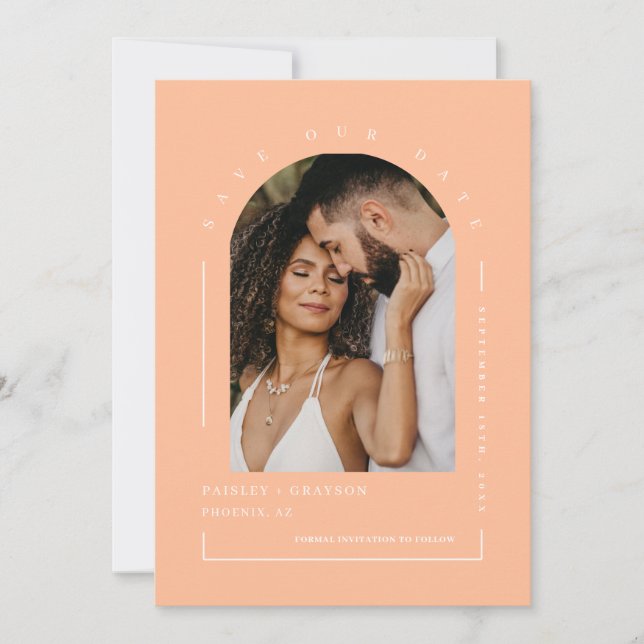 Convite Peach Arch Photo QR Code Salvar Nossa Data (Frente)