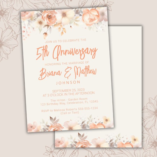 Convite Peach Bege Marfim Floral 5º Aniversário de Casamen (Criador carregado)
