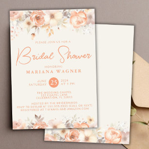 Convite Peach Beige Flowers no Chá de panela de Marfim