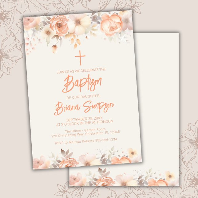 Convite Peach Beige Ivory Flowers Floral Baptism (Criador carregado)