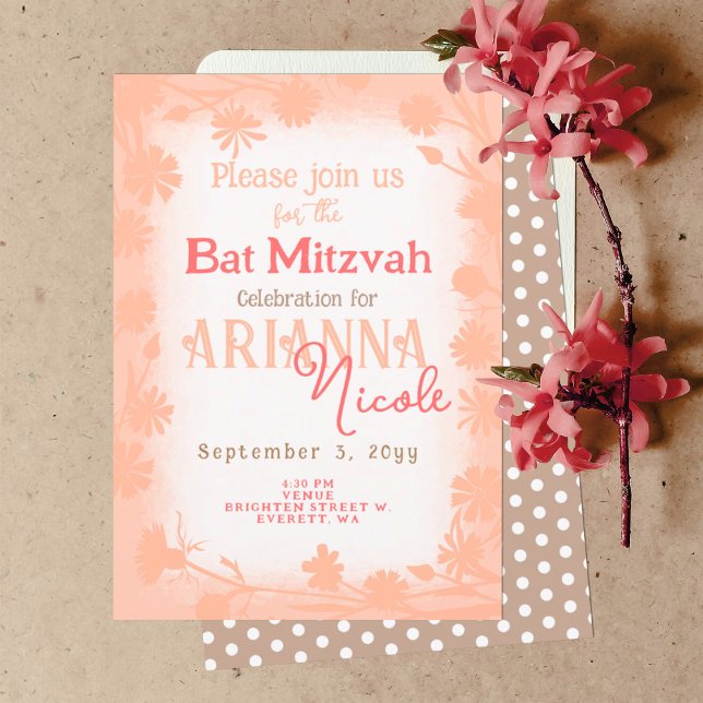 Convite Peach Beige Wild Flowers Bat Mitzvah (Chic Peach, Beige Floral, Polka Dots Bat Mitzvah Invitation, Stylish Script Writing, Wild Flowers)
