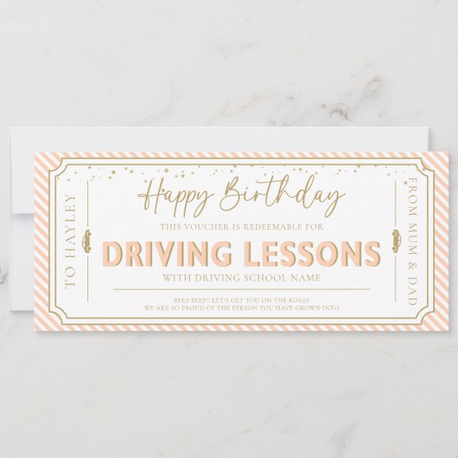 Convite Peach Birthday Driving Lessons Gift Voucher Card (Frente)