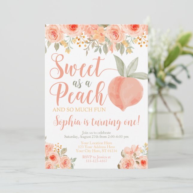 Convite Peach Birthday Invitation Sweet como Peach (Em pé/Frente)