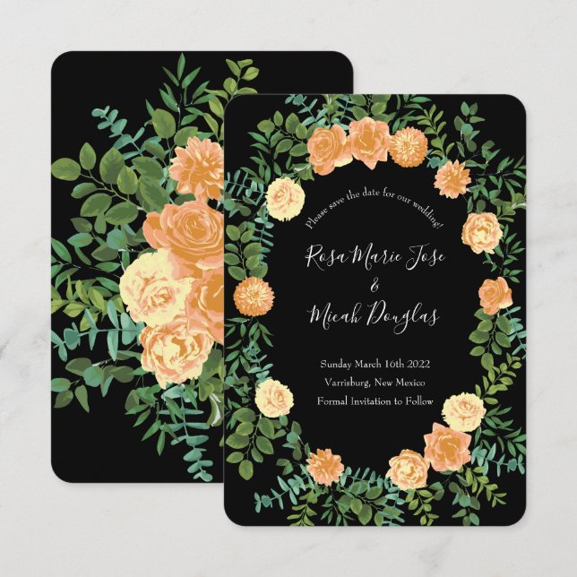 Convite Peach Black Peony Rose Casamento Salvar Data (Frente/Verso)