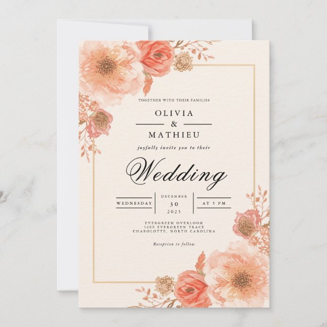Convite Peach Blossom Border Wedding (Frente)