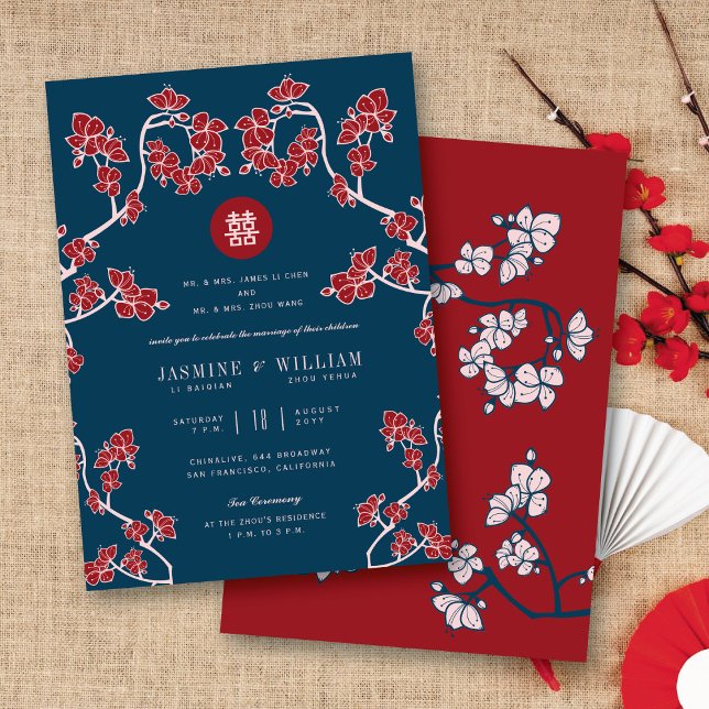 Convite Peach Blossoms Dupla Felicidade Casamento Chinês (Red/Navy Peach/Plum Blossoms Double Happiness Elegant Chinese Wedding Invitation @ fatfatin_red_knot)