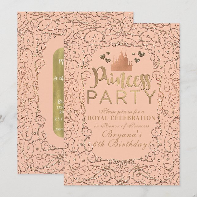 Convite Peach Blush Dourado Castle PRINCESS PARTY Aniversá (Frente/Verso)