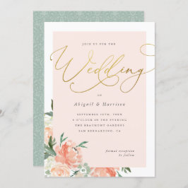Convite Peach Blush e Dourado Casamento Floral de Script