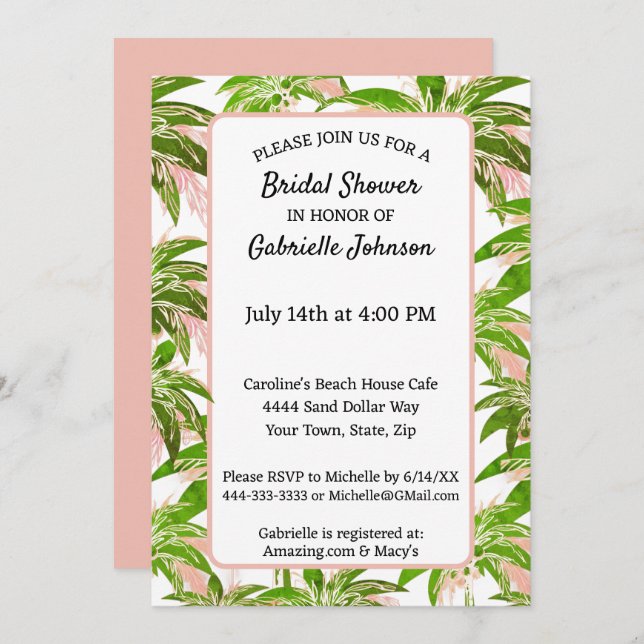 Convite Peach Blush Green Palm Tree Summer Party (Frente/Verso)