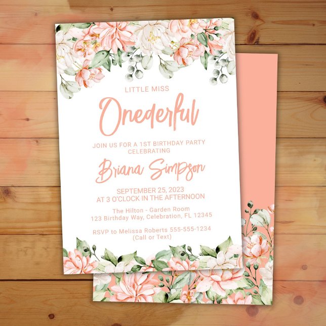 Convite Peach Blush Ivory Floral Onederful Aniversário (Criador carregado)