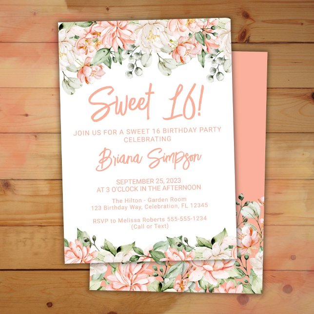 Convite Peach Blush Ivory Floral Sweet 16 Festa de anivers (Criador carregado)