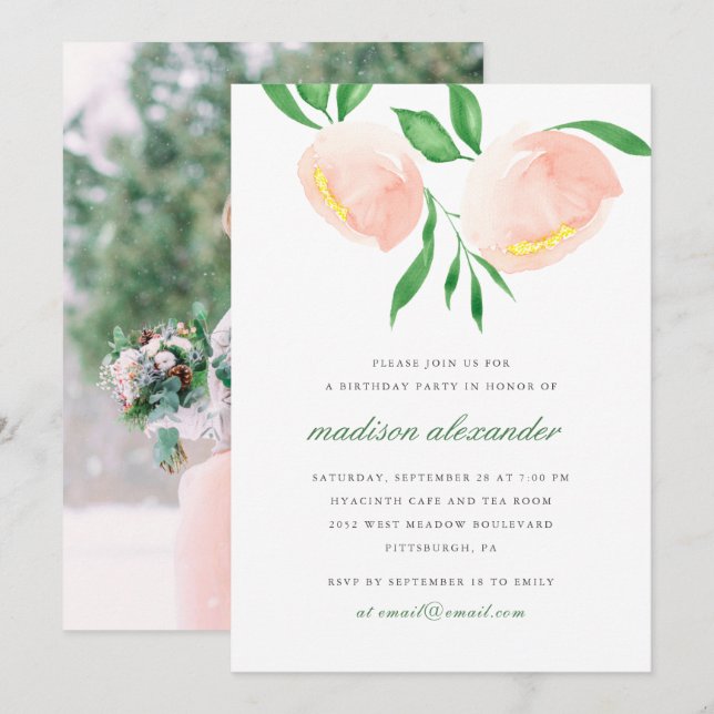 Convite Peach Blush Watercolor Flower Photo Birthday (Frente/Verso)