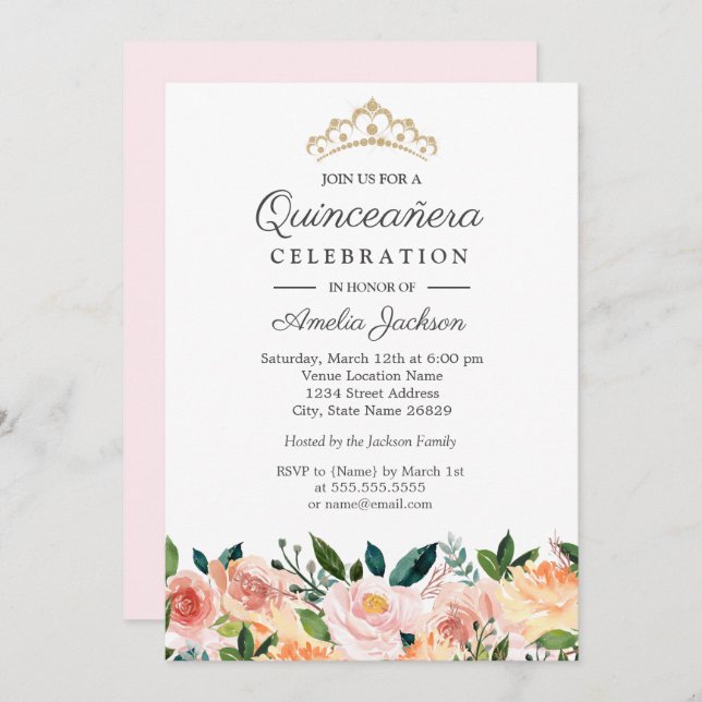 Convite Peach Blush Watercolor Quinceanera Floral (Frente/Verso)
