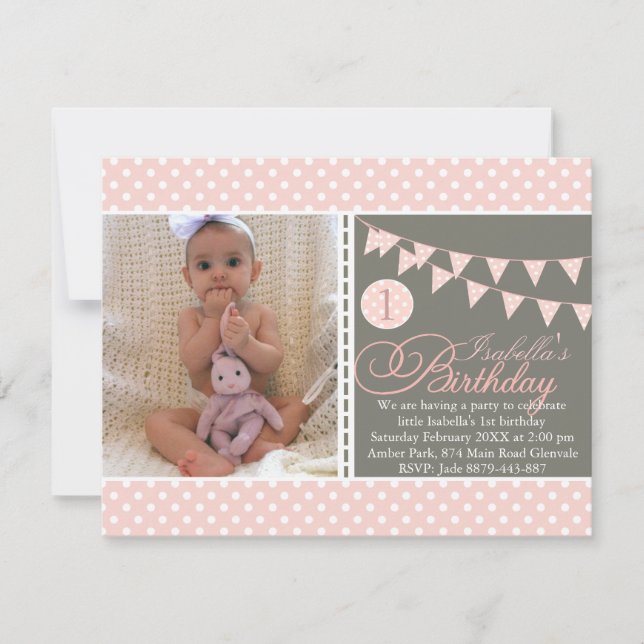 Convite Peach Bolinhas Bunting First Birthday Invite (Frente)