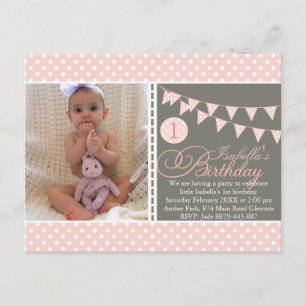 Convite Peach Bolinhas Bunting First Birthday Invite