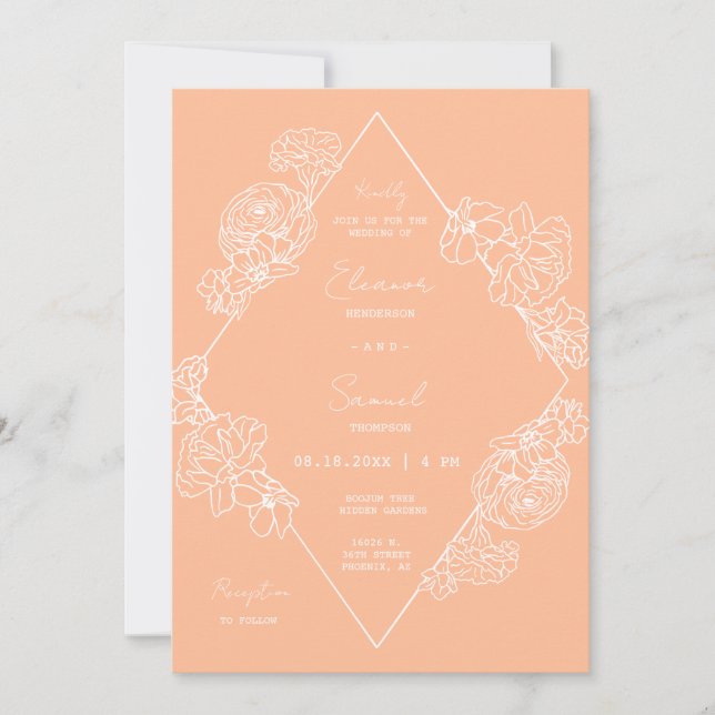 Convite Peach Botanical Line Art Boho QR Code Foto (Frente)