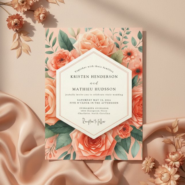 Convite Peach Botanical Romance Wedding (Criador carregado)