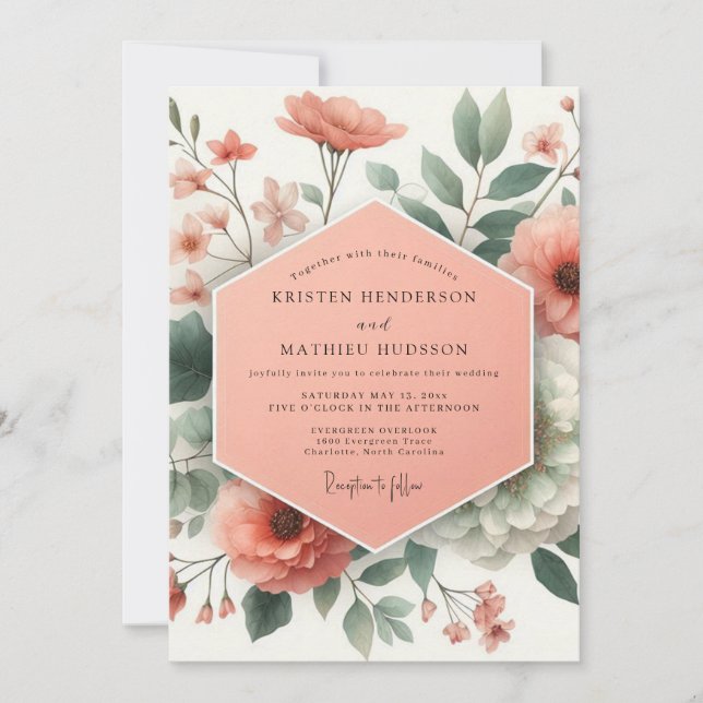 Convite Peach Botanical Romance Wedding (Frente)
