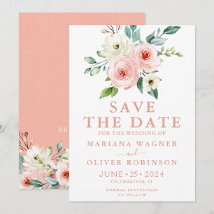 Convite Peach Branco Floral Aguarela Salve a Data